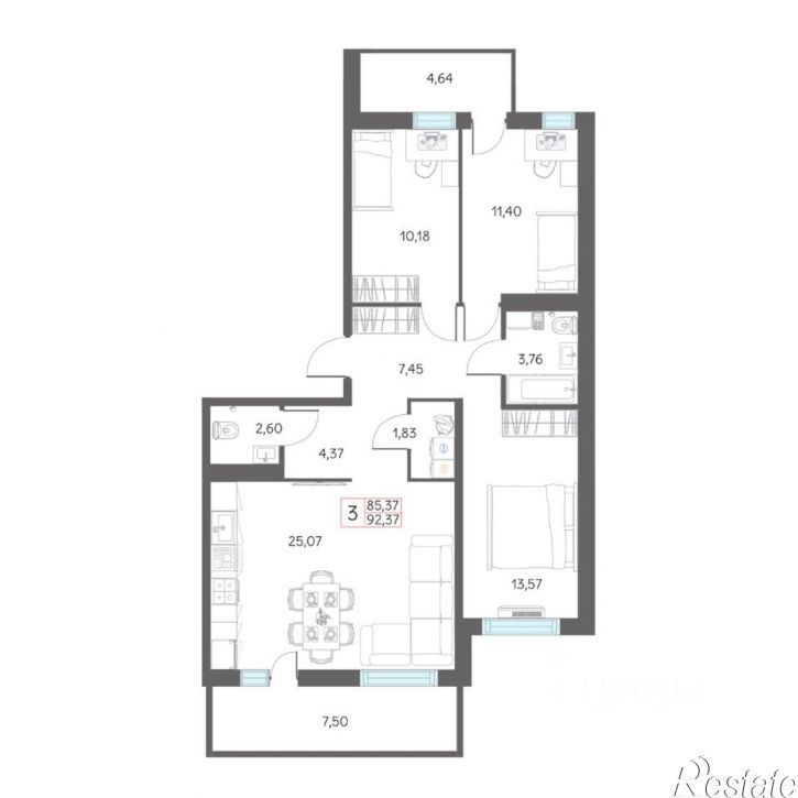 3-комн квартира в новом доме микрорайон 7А, 29